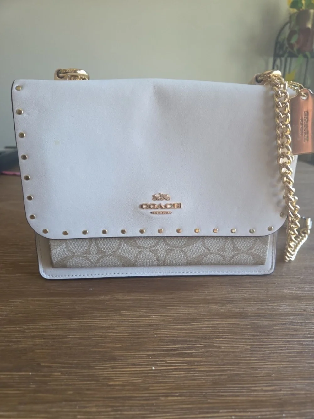 Coach Ivory and Signature Canvas Chain Crossbody with Gold Hardware